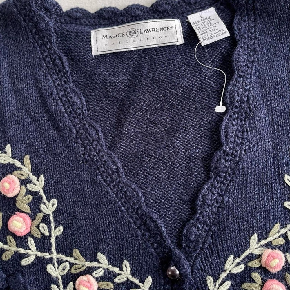 Vintage Maggie Lawrence Collection Navy Knit Pink Embroidered Flowers Sweater - Picture 3 of 6
